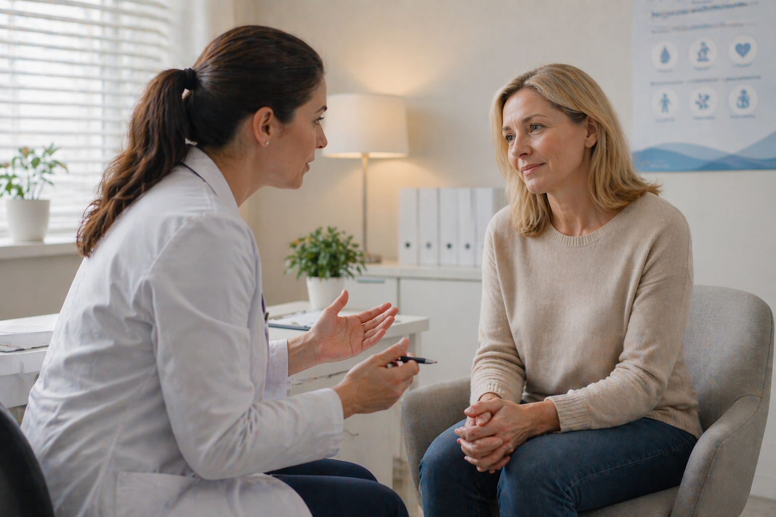 A person sitting comfortably in a modern, softly lit clinic room. The atmosphere is calm and welcoming, designed to put patients at ease.